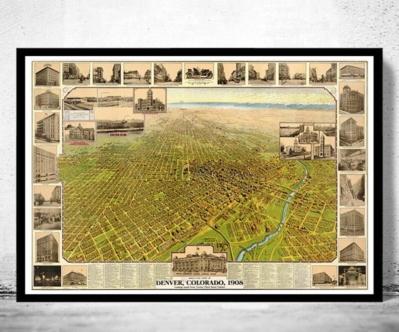 Denver Colorado Old Map Panoramic View 1908 Vintage Map | Vintage Poster Wall Art Print | Wall Map Print | Old Map Print | Map Gift