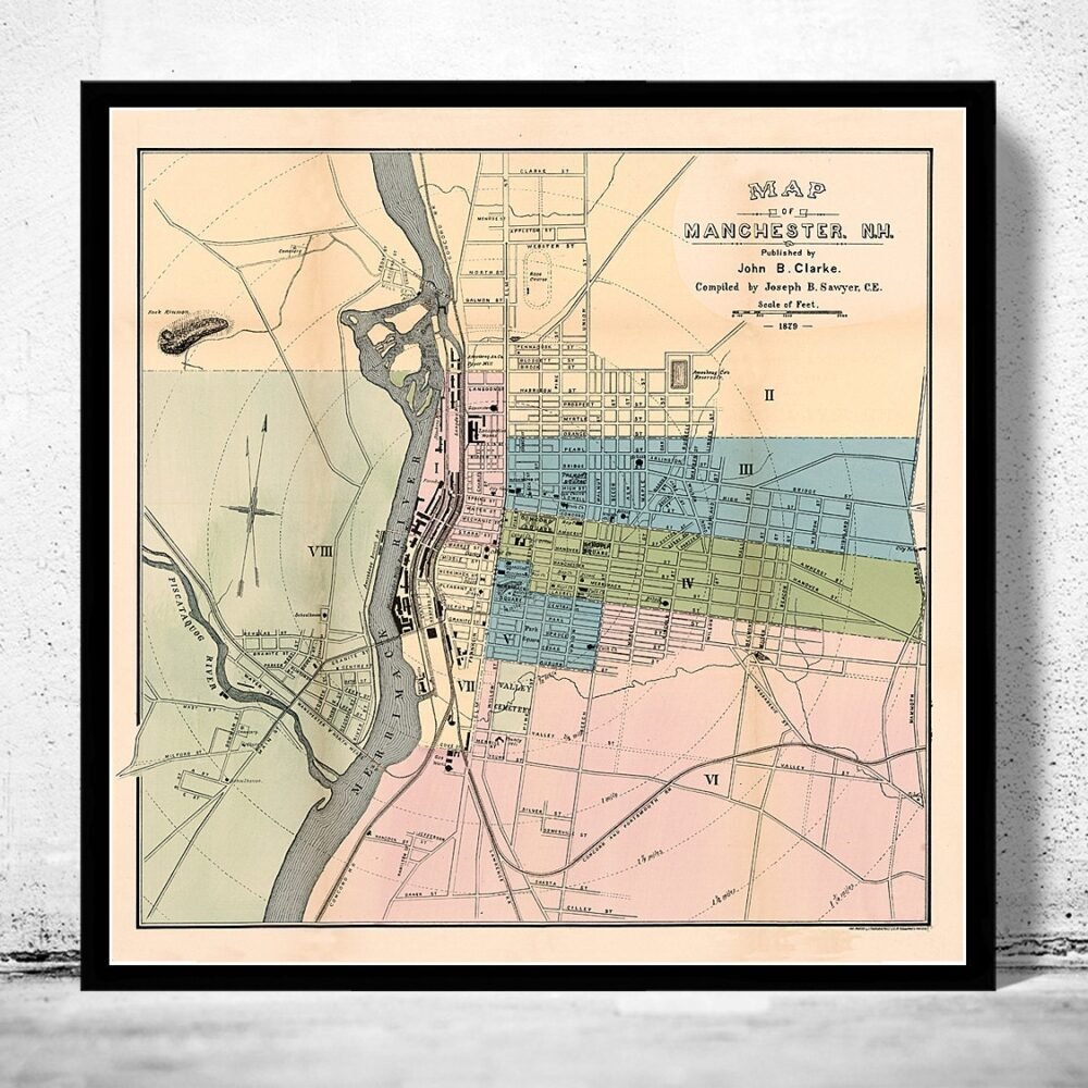 Vintage map of Manchester New Hampshire 1876 | Vintage Poster Wall Art Print | Wall Map Print | Old Map Print | Map Gift| Housewarming Gift