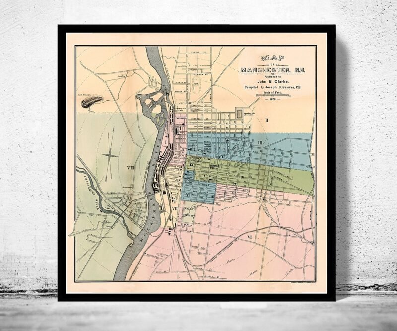 Vintage map of Manchester New Hampshire 1876 | Vintage Poster Wall Art Print | Wall Map Print | Old Map Print | Map Gift| Housewarming Gift