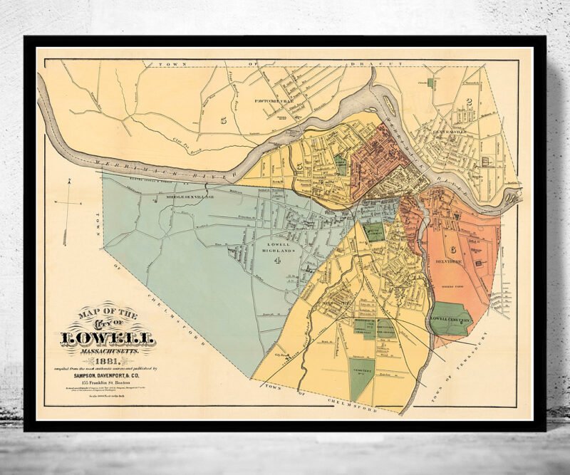 Old Map of Lowell Massachusetts 1881 Vintage Map | Vintage Poster Wall Art Print | Wall Map Print | Old Map Print | Map Gift