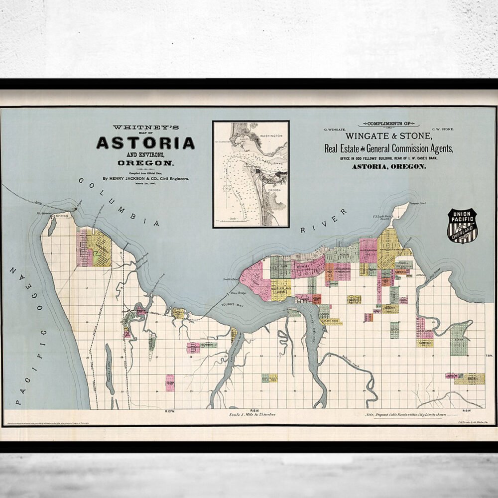 Astoria Oregon Old Map 1890 Vintage Map | Vintage Poster Wall Art Print | | Map Gift | Anniversary gift | Housewarming Gift