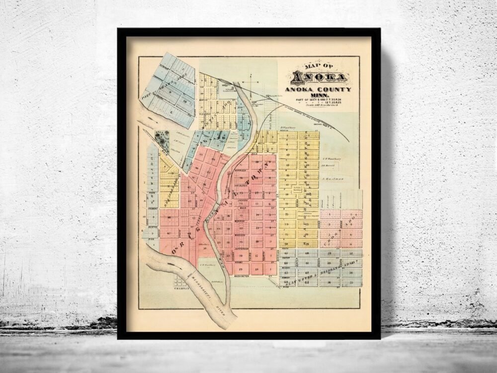 Old map of Anoka Minnesota 1874 Vintage Map | Vintage Poster Wall Art Print | Wall Map Print | Old Map Print | Map Gift | Anniversary gift