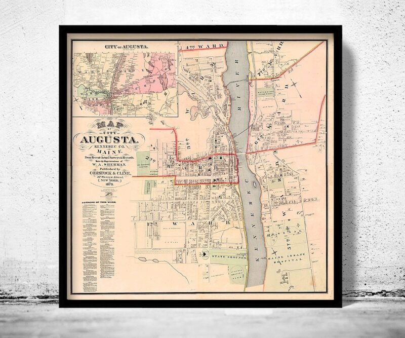 Old Map of Augusta City Maine Plan 1875 | Vintage Poster Wall Art Print | Wall Map Print | Old Map Print | Map Gift | Anniversary gift