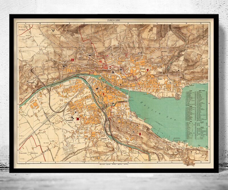 Old Map of Zurich, Switzerland 1890 | Vintage Poster Wall Art Print | Wall Map Print | Old Map Print | Map Gift | Anniversary gift