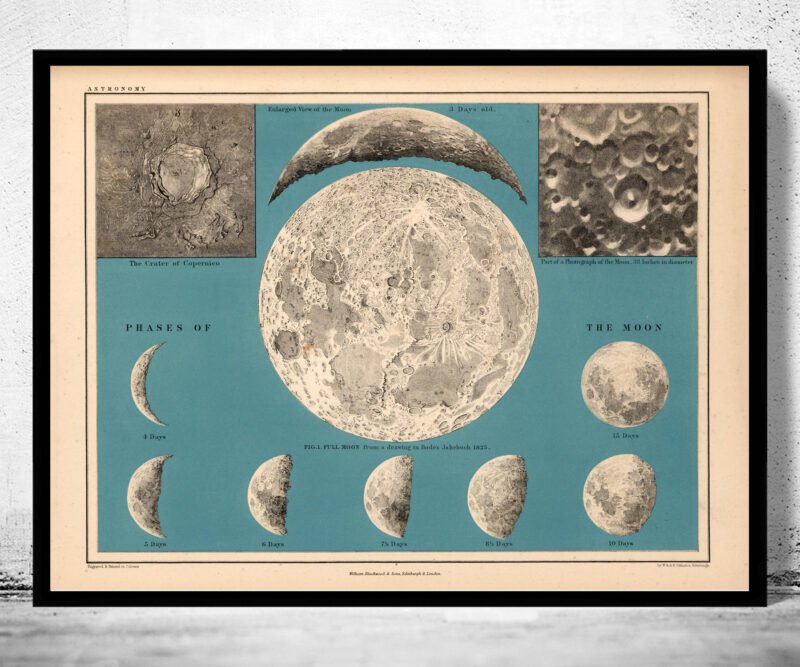 Movements and Phases of the Moon Map 1869 Vintage Map | Vintage Poster Wall Art Print | | Map Gift | Anniversary gift | Housewarming Gift