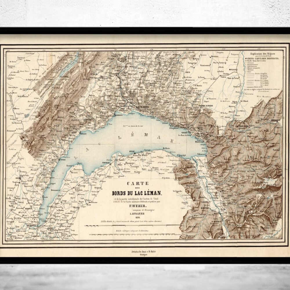 Old Map of Lake Geneva Lac Léman 1856 | Vintage Poster Wall Art Print | Wall Map Print | Old Map Print | Map Gift | Anniversary gift