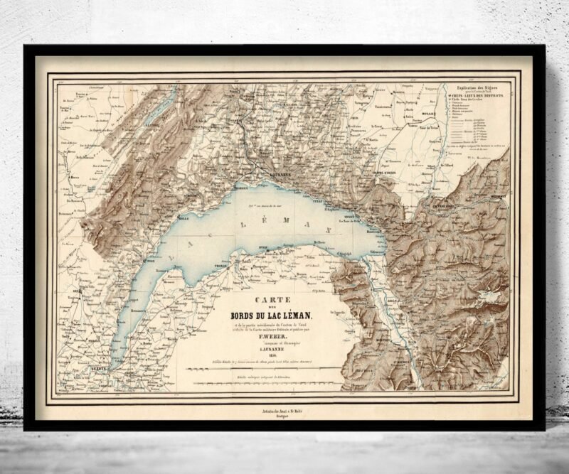 Old Map of Lake Geneva Lac Léman 1856 | Vintage Poster Wall Art Print | Wall Map Print | Old Map Print | Map Gift | Anniversary gift