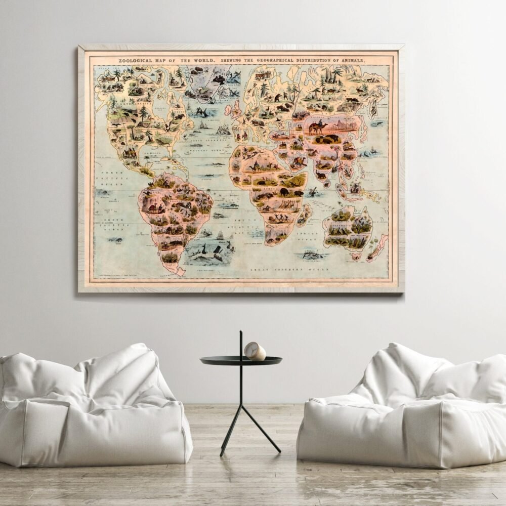 Old Zoological Map of The World 1844 Vintage Poster Animals of the World zoology map | Animal World Map Wall Map Print | Map Gift