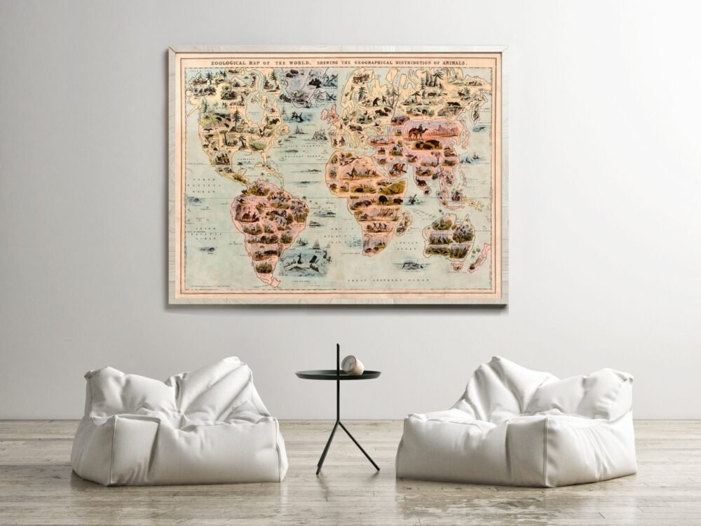 Old Zoological Map of The World 1844 Vintage Poster Animals of the World zoology map | Animal World Map Wall Map Print | Map Gift