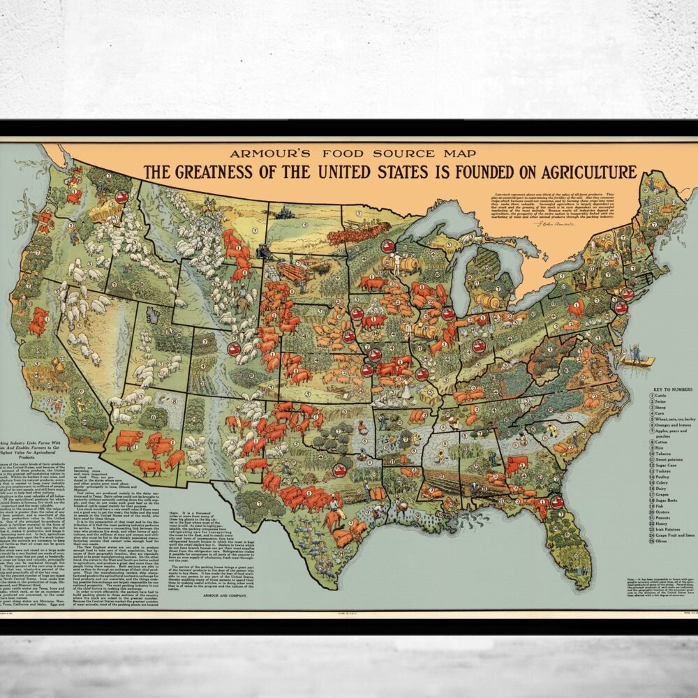 Food Map of the United States Vintage Map 1922 Vintage Poster | Vintage Poster Wall Art Print | Wall Map Print | | Map Gift