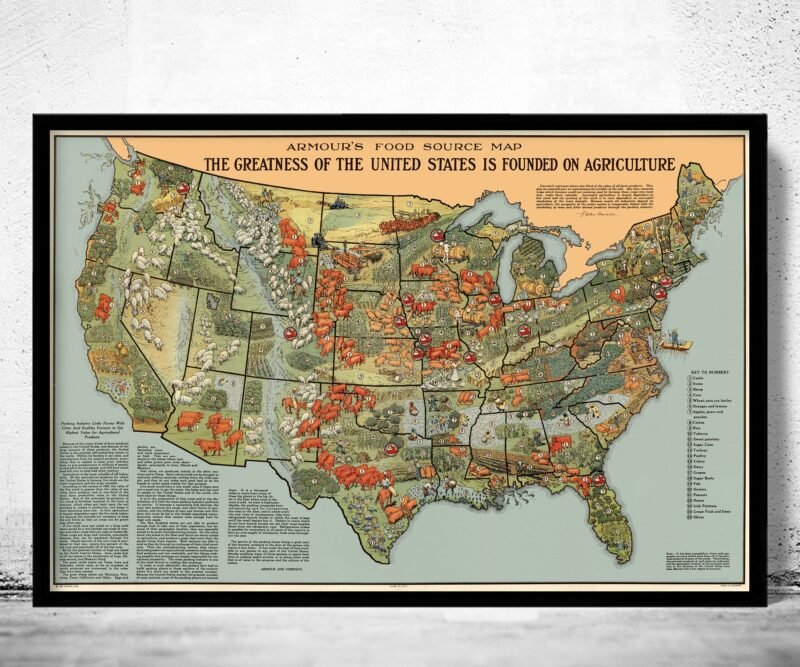 Food Map of the United States Vintage Map 1922 Vintage Poster | Vintage Poster Wall Art Print | Wall Map Print | | Map Gift