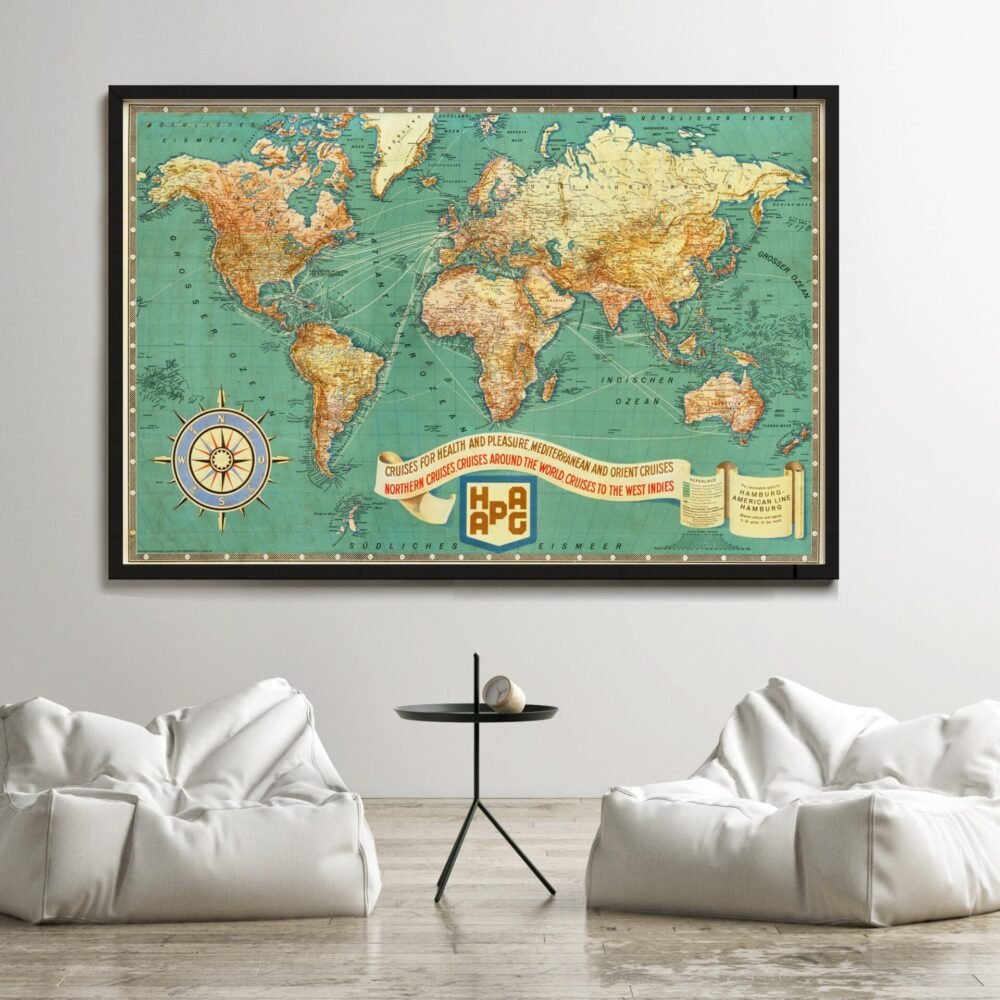 Beautiful Old World Map 1931 Cruises Health Pleasure Hamburg Lines German Airlines | World Map Gift World Map Print | Vintage World Map