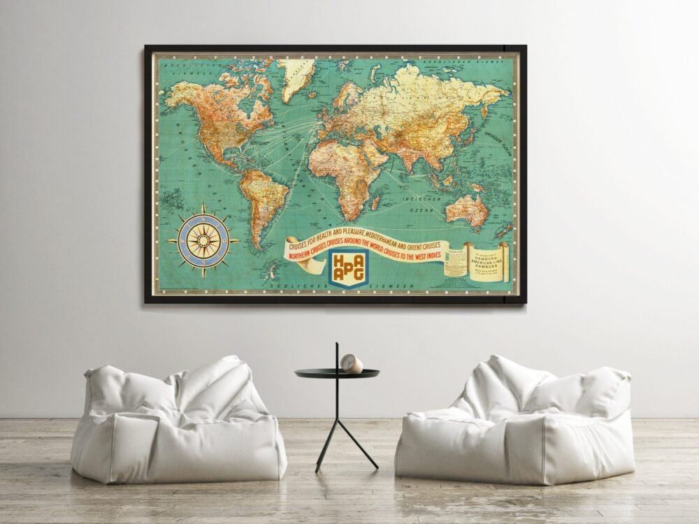 Beautiful Old World Map 1931 Cruises Health Pleasure Hamburg Lines German Airlines | World Map Gift World Map Print | Vintage World Map