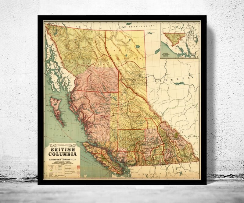 Old Map of British Columbia 1915 Canada | Vintage Poster Wall Art Print | Wall Map Print | Old Map Print | Map Gift | Anniversary gift