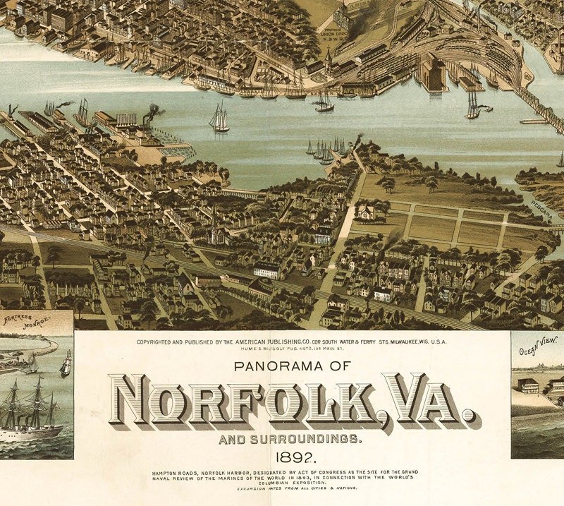 Norfolk Virginia 1892 Panoramic View Vintage | Vintage Poster Wall Art Print | | Map Gift | Anniversary gift | Housewarming Gift