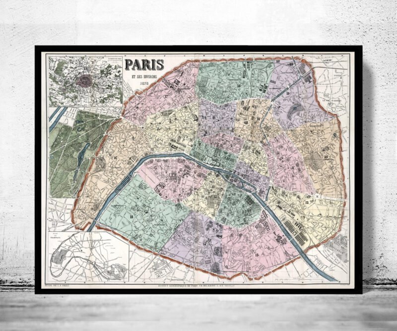 Old Map of Paris, France 1878 | Vintage Poster Wall Art Print | Wall Map Print | Old Map Print | Map Gift | Anniversary gift