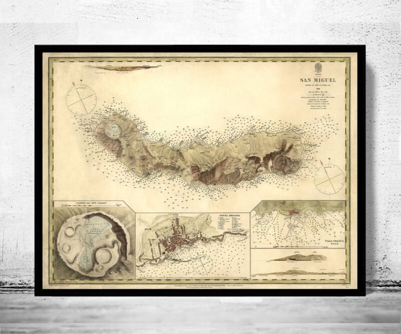 Old Map of San Miguel Açores Azores Islands 1870 São Miguel Açores and Ponta Delgada Map | Vintage Poster Wall Art Print | Old Map Print