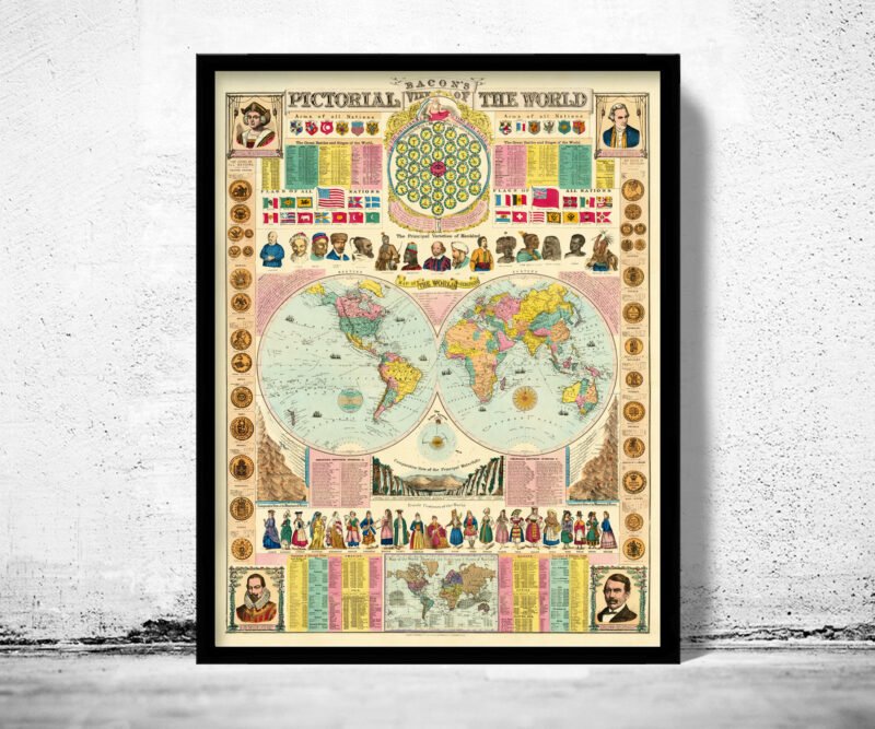 Beautiful World Map 1874 Pictorial Map Vintage Map Population Races Flags| World Map Gift World Map Print | Vintage World Map | Map Gift