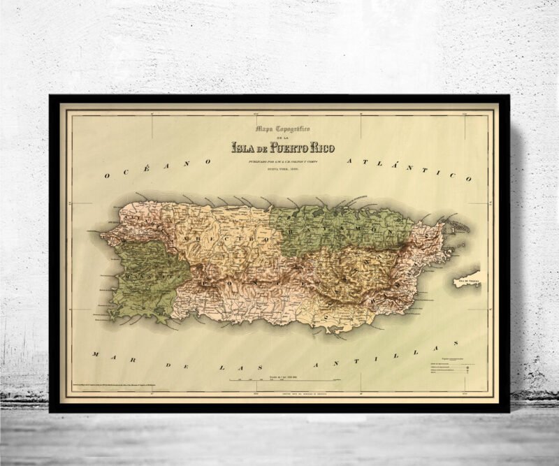 Vintage Old Map of Puerto Rico Island, 1886, Old Map | Vintage Poster Wall Art Print | Wall Map Print | Old Map Print | Map Gift