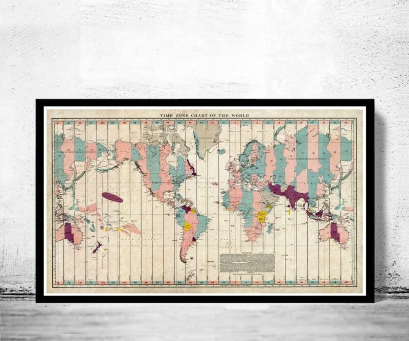 Old World Map Atlas Time Zone Chart 1937 Vintage Map | World Map Gift World Map Print | Vintage World Map | World Map Wall Art | Map Gift