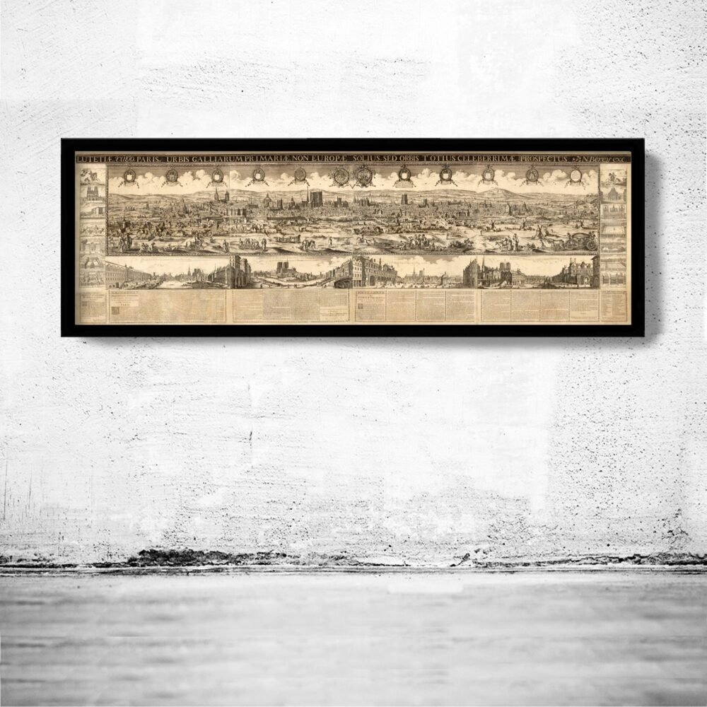 Beautiful Panoramic View of Paris 1669 France Vintage Gravure of Paris | Vintage Poster Wall Art Print | Wall Map Print | Old Map Print