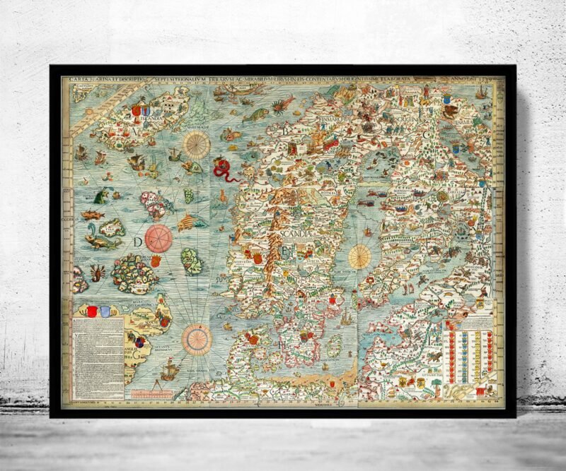 Old Vintage Map of Norway Sweden Scandinavia Antique Norwegen 1529 Olaus Magnus' detailed map of Scandinavia Wall Map Print | | Map Gift