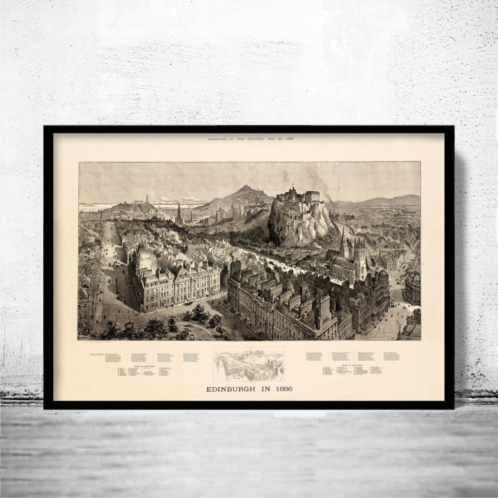 Maravilhosa vista panorâmica vintage de Edimburgo em 1886 Edimburgo Escócia | Impressão da arte da parede do poster vintage | | Map Gift