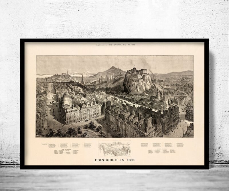 Maravilhosa vista panorâmica vintage de Edimburgo em 1886 Edimburgo Escócia | Impressão da arte da parede do poster vintage | | Map Gift