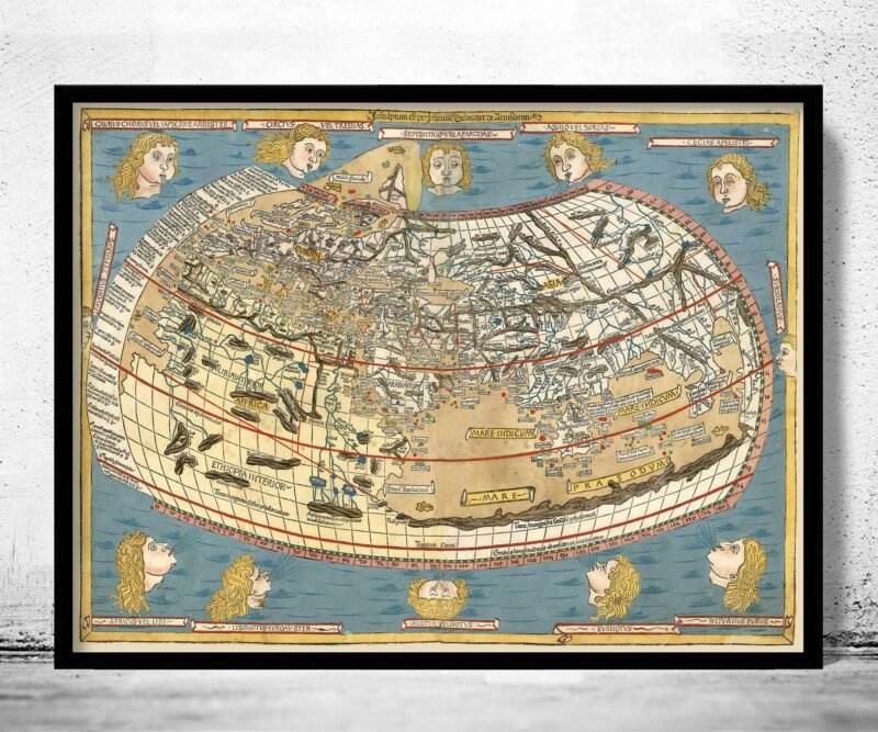 Medieval Old Map of The World 1486 Claudius Ptolemy | Vintage World Map Wall Map Print | World Map Wall Art | Map Gift | Anniversary gift