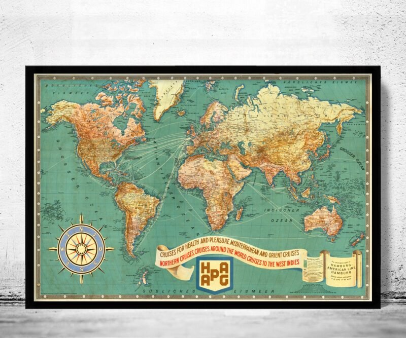 Beautiful Old World Map 1931 Cruises Health Pleasure Hamburg Lines German Airlines | World Map Gift World Map Print | Vintage World Map