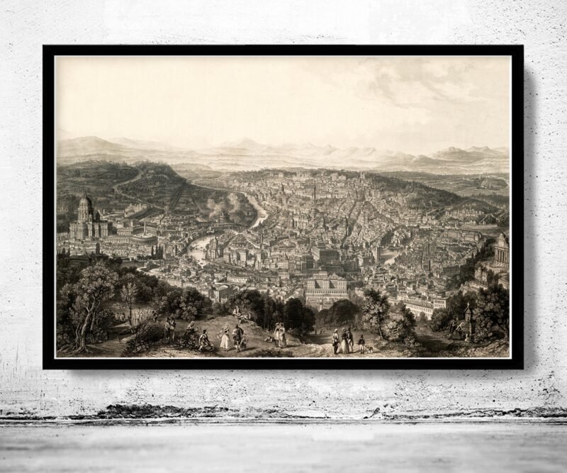 Old Panoramic View of Rome City Engraving Italy 1860 Vatican | Vintage Poster Wall Art Print | Map Gift | Anniversary gift