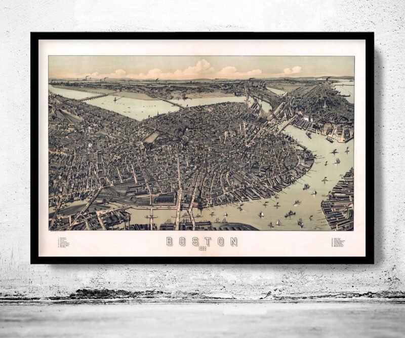 Old Map of Boston Panoramic View Massachusetts 1899 Vintage Map | Vintage Poster Wall Art Print | | Map Gift | Anniversary gift