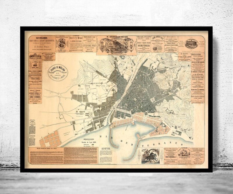 Old Map of Malaga Spain 1883 Vintage map | Vintage Poster Wall Art Print | Wall Map Print | Old Map Print | Map Gift | Anniversary gift