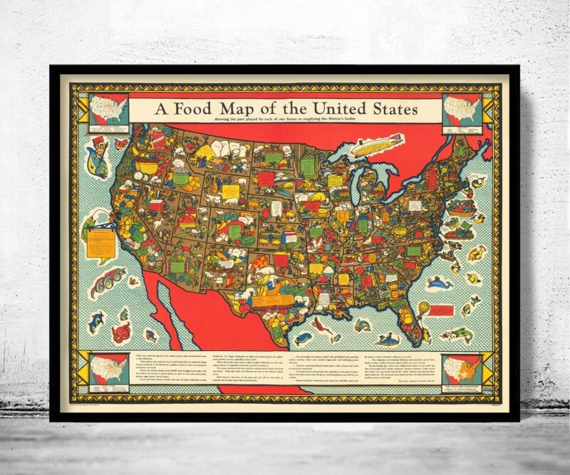 Food Map of the United States Vintage Map 1932 Vintage Poster | Vintage Poster Wall Art Print | Wall Map Print | | Map Gift