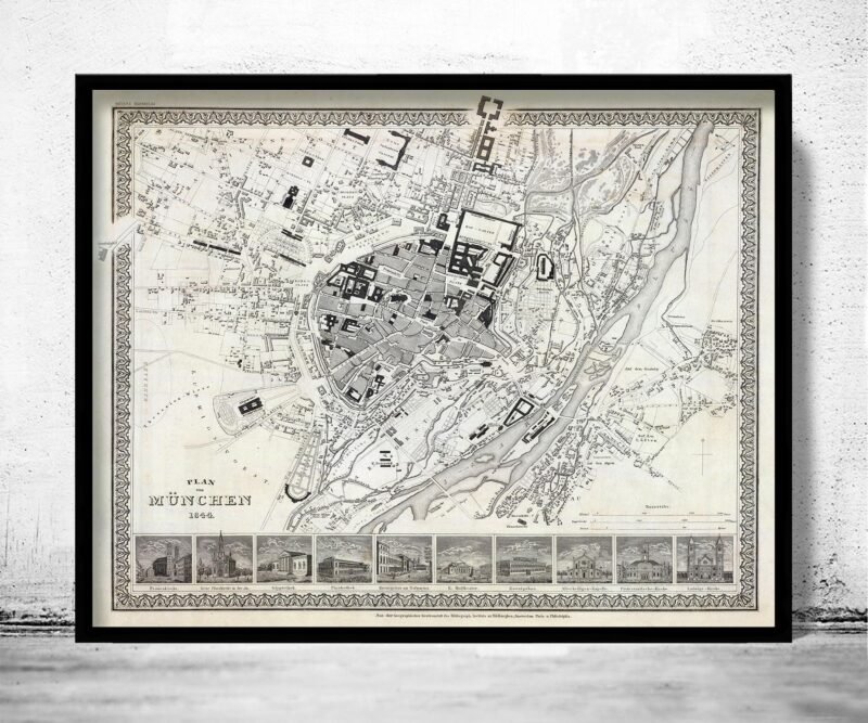 Old Map of Munich Munchen with gravures, Germany Deutshland 1844 Vintage | Vintage Poster Wall Art Print | Wall Map Print | Old Map Print