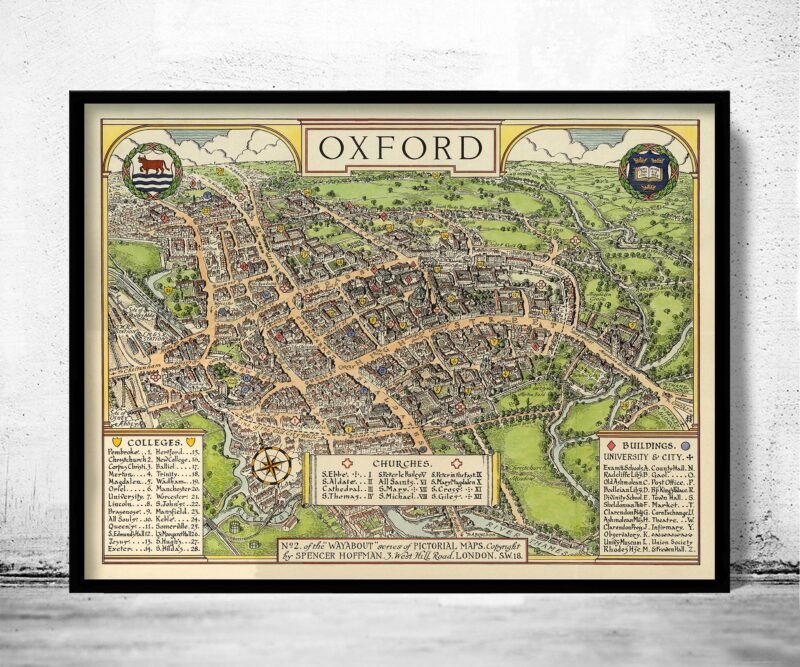 Old Map of Oxford England 1936 Vintage Map | Vintage Poster Wall Art Print | Wall Map Print | Old Map Print | Map Gift | Anniversary gift