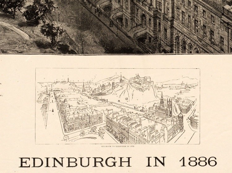 Maravilhosa vista panorâmica vintage de Edimburgo em 1886 Edimburgo Escócia | Impressão da arte da parede do poster vintage | | Map Gift