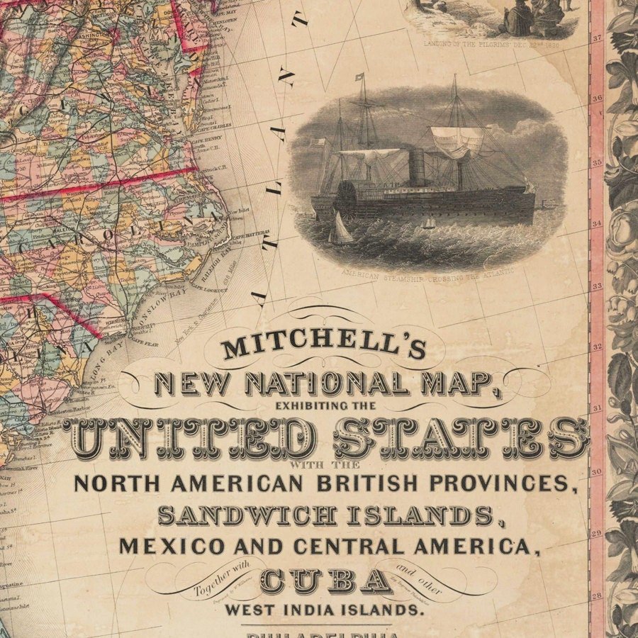 Beautiful Map of United States America 1856 | Vintage Poster Wall Art Print | Wall Map Print | Old Map Print | Map Gift| Housewarming Gift