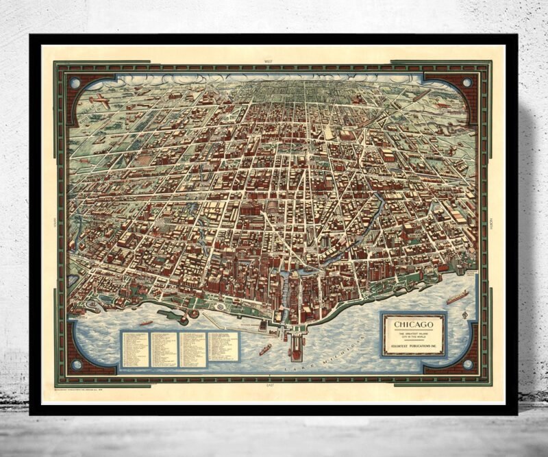 Old Map of Chicago 1938 Birdseye View Vintage Map | Vintage Poster Wall Art Print | | Map Gift | Anniversary gift | Housewarming Gift