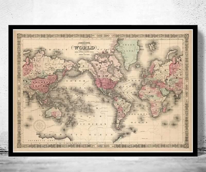 Old World Map Atlas Vintage World Map 1864 Mercator projection | World Map Gift World Map Print | Vintage World Map | World Map Wall Art