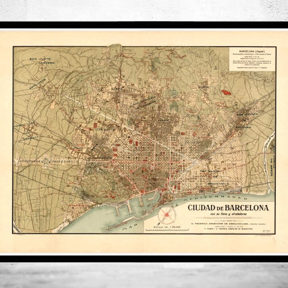 Old Map of Barcelona Catalunya 1900 Vintage Map of Barcelona | Vintage Poster Wall Art Print | Wall Map Print | Old Map Print | Map Gift