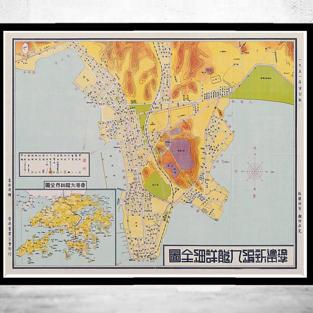 Oldld Map of Hong Kong Kowloon 1951 China Vintage Map | Vintage Poster Wall Art Print | Wall Map Print | Old Map Print | Map Gift