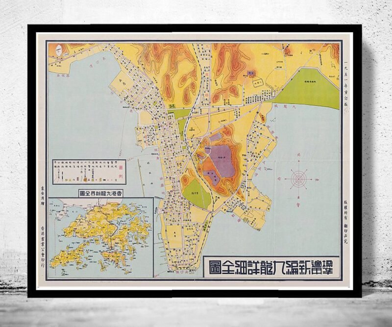 Oldld Map of Hong Kong Kowloon 1951 China Vintage Map | Vintage Poster Wall Art Print | Wall Map Print | Old Map Print | Map Gift