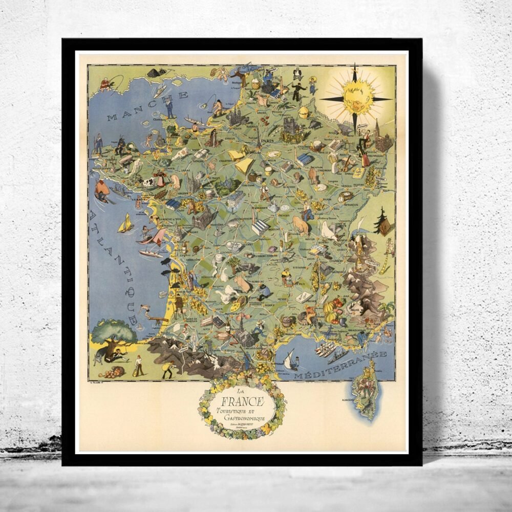 Old Map of France Gastronomy Tourism Poster Vintage Map | Vintage Poster Wall Art Print | | Map Gift | Anniversary gift | Housewarming Gift