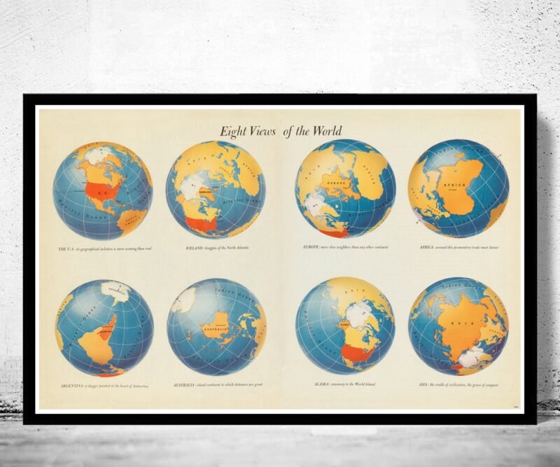 Vintage World Map in Eight Views | World Map Gift World Map Print | Vintage World Map | World Map Wall Art | Map Gift | Anniversary gift