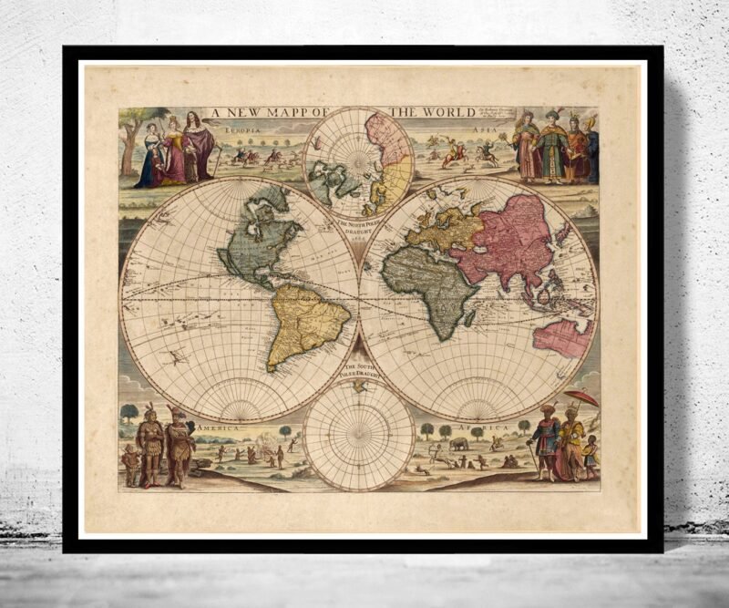 Old World Map 1686 Two Hemispheres Vintage World Map | World Map Gift World Map Print | Vintage World Map | World Map Wall Art | Map Gift