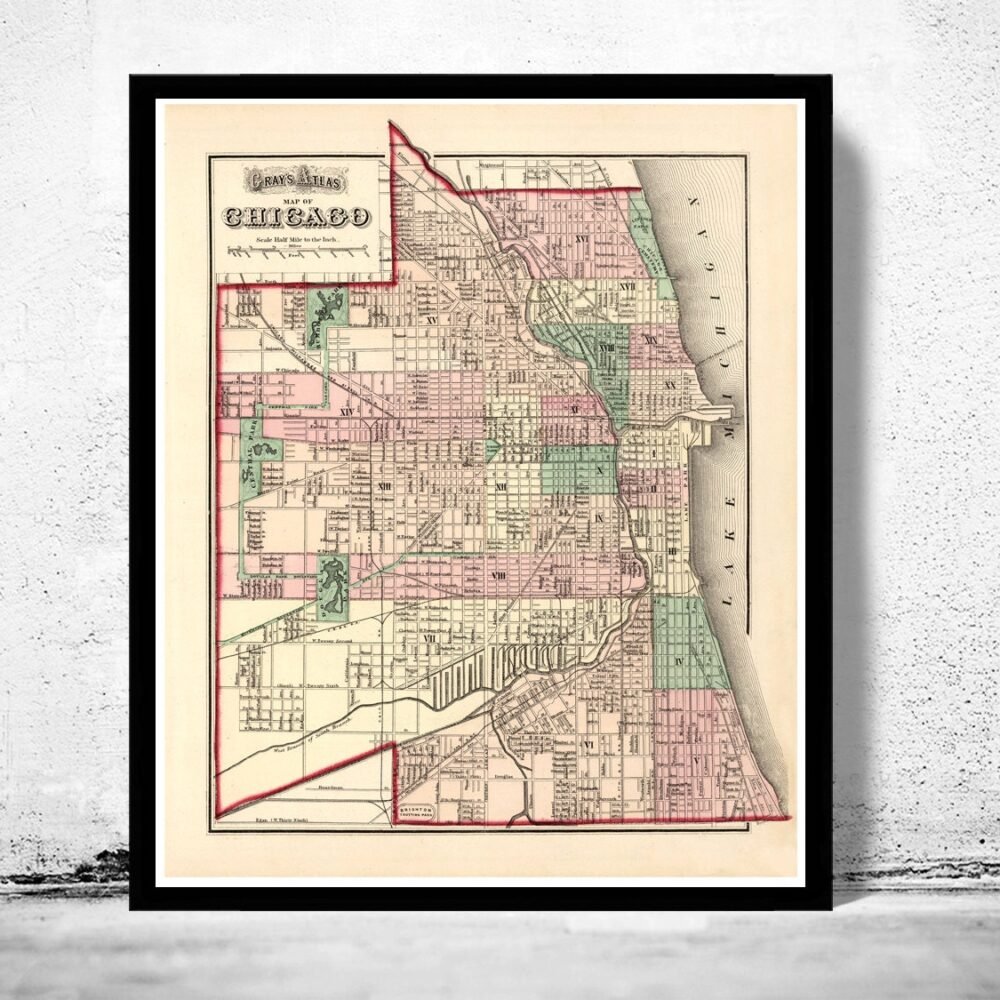 Old Map of Chicago 1874 Vintage Map | Vintage Poster Wall Art Print | Wall Map Print | Old Map Print | Map Gift | Anniversary gift