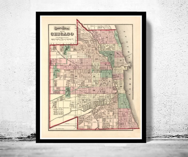 Old Map of Chicago 1874 Vintage Map | Vintage Poster Wall Art Print | Wall Map Print | Old Map Print | Map Gift | Anniversary gift