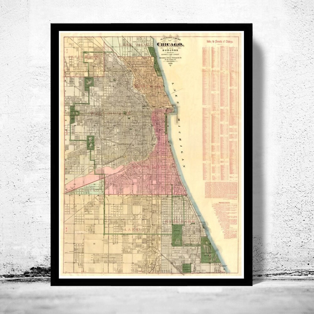 Old vintage map of Chicago 1886 Vintage Map | Vintage Poster Wall Art Print | Wall Map Print | Old Map Print | Map Gift | Anniversary gift