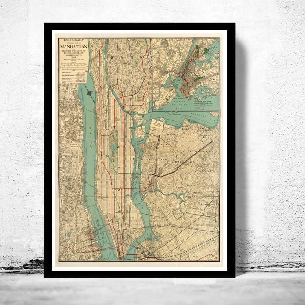 Old Map of New York and Manhattan 1924 Vintage NY Map | Vintage Poster Wall Art Print | Wall Map Print | Old Map Print | Map Gift